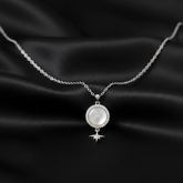 925 Sterling Silver Moonstone Pendant Necklace, Round Crystal Halo Design with Cross Charm | BJ-021
