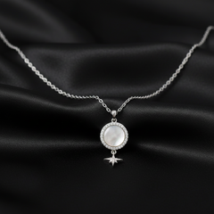 925 Sterling Silver Celestial Mother of Pearl Necklace | Vintage Round Halo & Sparkling North Star Drop Pendant| BJ-021