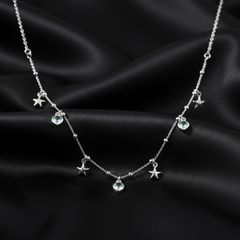 925 Sterling Silver Star and Heart Charm Necklace | Light Blue Crystal Dangle Choker for Women