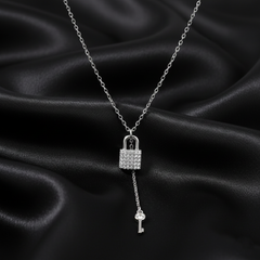 925 Sterling Silver Lock and Key Lariat Necklace | Elegant Sparkling Pavé Padlock & Droplet Key Pendant| BJ-026