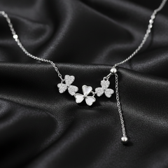 925 Sterling Silver Triple Clover Necklace – Mother of Pearl & CZ Lariat Pendant| BJ-30