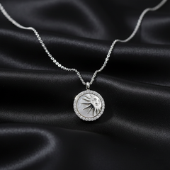 925 Sterling Silver Celestial Sun Medallion Necklace | Vintage Mother of Pearl Inlay & Sparkling Halo Pendant | BJ-23