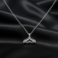 925 Sterling Silver Whale Tail Fluke Necklace | Minimalist Sparkling Pavé Mermaid Tail Ocean Pendant| BJ-24