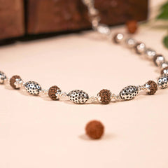 Handcrafted Silver Rudraksha Mala Necklace with Oxidized Oval Beads | BJRDXMLA-01