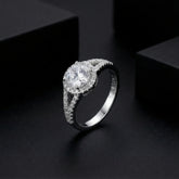 925 Sterling Silver Engagement Ring, Round Cut Cubic Zirconia, Halo Design with Pave Band | BJLR-0020