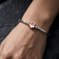 925 Sterling Silver Floral Charm Bangle – Rose Gold Toned Flower Motif Bracelet