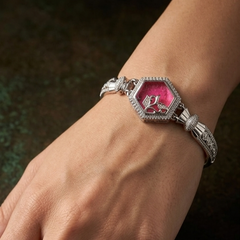 Elegant 925 Sterling Silver Hexagonal Ruby-Tone Floral Bracelet