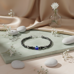 925 Starling Silver Black Beaded Bracelet with Blue Evil Eye, Silver Accents, Adjustable Size Spring Ring Clasp | BJBR-013
