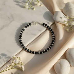 925 Starling Silver Black Onyx Beaded Bracelet with Silver Spacers, Faceted Gemstone, Sring Ring Clasp | BJBR-012