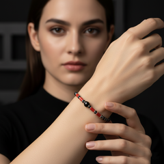 925 Starling Silver Beaded Bracelet with Black Onyx, Red Coral, Silver Accents, Adjustable Lenth, Spring Ring Clasp | BJBR-026