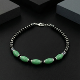 925 Starling Silver Beaded Bracelet with Green Stone, Black and Silver, Spring Ring Clasp | BJBR-017