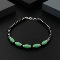 925 Starling Silver Beaded Bracelet with Green Stone, Black and Silver, Spring Ring Clasp | BJBR-017