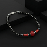925 Starling Silver Beaded Bracelet with Black Onyx And Red Coral, Silver Spacers, Spring RIng Clasp | BJBR-010