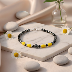 925 Starling Silver Beaded Bracelet with Yellow and Black Beads, Silver Clasp, Handcrafted Jewelry | BJBR-015