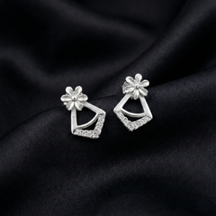Floral Geometry: 925 Sterling Silver Daisy & Geometric Stud Earrings | BJER-020