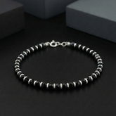925 Starling Silver Black Onyx Beaded Bracelet with Silver Spacers, Faceted Gemstone, Sring Ring Clasp | BJBR-012