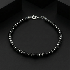925 Starling Silver Black Onyx Beaded Bracelet with Silver Spacers, Spring Ring Clasp | BJBR-019