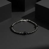 925 Starling Silver Beaded Bracelet, Black Faceted Beads with Silver Accents, Spring Ring Clasp | BJBR-020