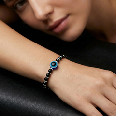 925 Starling Silver Black Beaded Bracelet with Blue Evil Eye Charm, Silver Spring Ring Clasp, Protection Jewelry | BJBR-024
