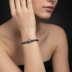 925 Starling Silver Black Onyx Beaded Bracelet with Blue Evil Eye, Silver Spring Ring Clasp, Hematite Accents | BJBR-021