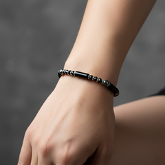 925 Starling Silver Beaded Bracelet, deep black cylindrical beads and polished round beads, Spring Ring Clasp, Contemporary Style | BJBR-011