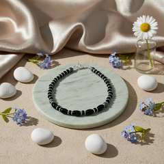 925 Starling Silver Black Beaded Bracelet, Spring Ring Clasp, Geometric Design  | BJBR-025