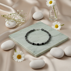 925 Starling Silver Black Onyx Beaded Bracelet with Silver Spacers, Spring Ring Clasp | BJBR-019