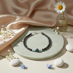 925 Starling Silver Beaded Bracelet, Black and Silver with Blue Accents, Hematite Beads, Spring Ring Clasp | BJBR-022