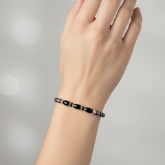 925 Starling Silver Black Beaded Bracelet, Spring Ring Clasp, Geometric Design  | BJBR-025