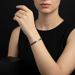 925 Starling Silver Black Hematite Beaded Bracelet with Silver Cube Accents, Spring Ring Clasp, Unisex Jewelry | BJBR-023