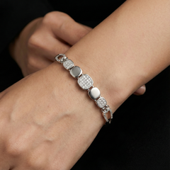 925 Sterling Silver Geometric Link Bracelet with Pave Cubic Zirconia & Polished Accents - Adjustable Fit | BJBR-072