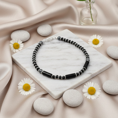 925 Starling Silver Beaded Bracelet, deep black cylindrical beads and polished round beads, Spring Ring Clasp, Contemporary Style | BJBR-011