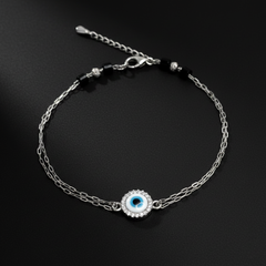 925 Sterling Silver Evil Eye Bracelate, Crystal Rhinestone Pendant Chain, Blue Glass Eye, Black Beaded Accent | Gifts for Women & Girls & Girlfriend |Wedding and Christmas Gifts | BJBR-048