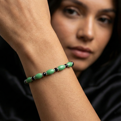 925 Starling Silver Beaded Bracelet with Green Stone, Black and Silver, Spring Ring Clasp | BJBR-017