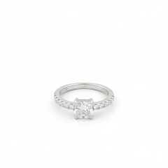 925 Sterling Silver Engagement Ring, Cushion Cut Solitaire with Pavé Band, Clear Crystal Stone | BJLR-0023