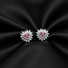 925 Sterling Silver Heart Stud Earrings with Pink Crystal and Clear CZ Stones, Romantic Design | Gifts for Women & Girls & Girlfriend |Wedding and Christmas Gifts | BJER-03