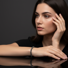 925 Starling Silver Black Onyx Beaded Bracelet with Silver Spacers, Faceted Gemstone, Sring Ring Clasp | BJBR-012