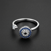 925 Sterling Silver Evil Eye Protection Ring with Blue Sapphire and Diamond CZ, Adjustable Wave Design Band with Black Crystal Accent | BJLR-0003