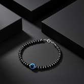 925 Starling Silver Black Beaded Bracelet with Blue Evil Eye Charm, Silver Spring Ring Clasp, Protection Jewelry | BJBR-024