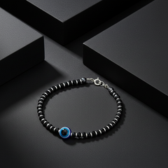 925 Starling Silver Black Beaded Bracelet with Blue Evil Eye Charm, Silver Spring Ring Clasp, Protection Jewelry | BJBR-024