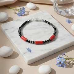 925 Starling Silver Beaded Bracelet with Red Coral Tubes, Spring Ring Clasp | BJBR-016