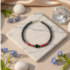 925 Starling Silver Beaded Bracelet with Black Onyx, Red Coral, Silver Accents, Adjustable Lenth, Spring Ring Clasp | BJBR-026