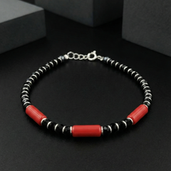 925 Starling Silver Beaded Bracelet with Red Coral Tubes, Spring Ring Clasp | BJBR-016