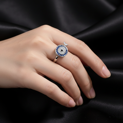 925 Sterling Silver Evil Eye Protection Ring with Blue Sapphire and Diamond CZ, Adjustable Wave Design Band with Black Crystal Accent | BJLR-0003