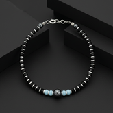 925 Starling Silver Beaded Bracelet, Black and Silver with Blue Accents, Hematite Beads, Spring Ring Clasp | BJBR-022