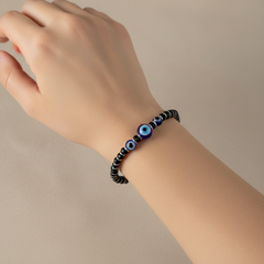 925 Starling Silver Black Onyx Beaded Bracelet with Blue Evil Eye, Silver Spring Ring Clasp, Hematite Accents | BJBR-021