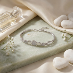 925 Sterling Silver Geometric Link Bracelet with Pave Cubic Zirconia & Polished Accents - Adjustable Fit | BJBR-072