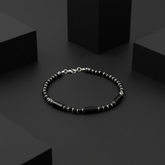 925 Starling Silver Beaded Bracelet, deep black cylindrical beads and polished round beads, Spring Ring Clasp, Contemporary Style | BJBR-011