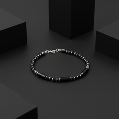 925 Starling Silver Beaded Bracelet, deep black cylindrical beads and polished round beads, Spring Ring Clasp, Contemporary Style | BJBR-011