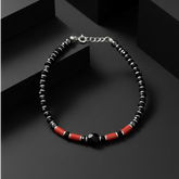 925 Starling Silver Beaded Bracelet with Black Onyx, Red Coral, Silver Accents, Adjustable Lenth, Spring Ring Clasp | BJBR-026